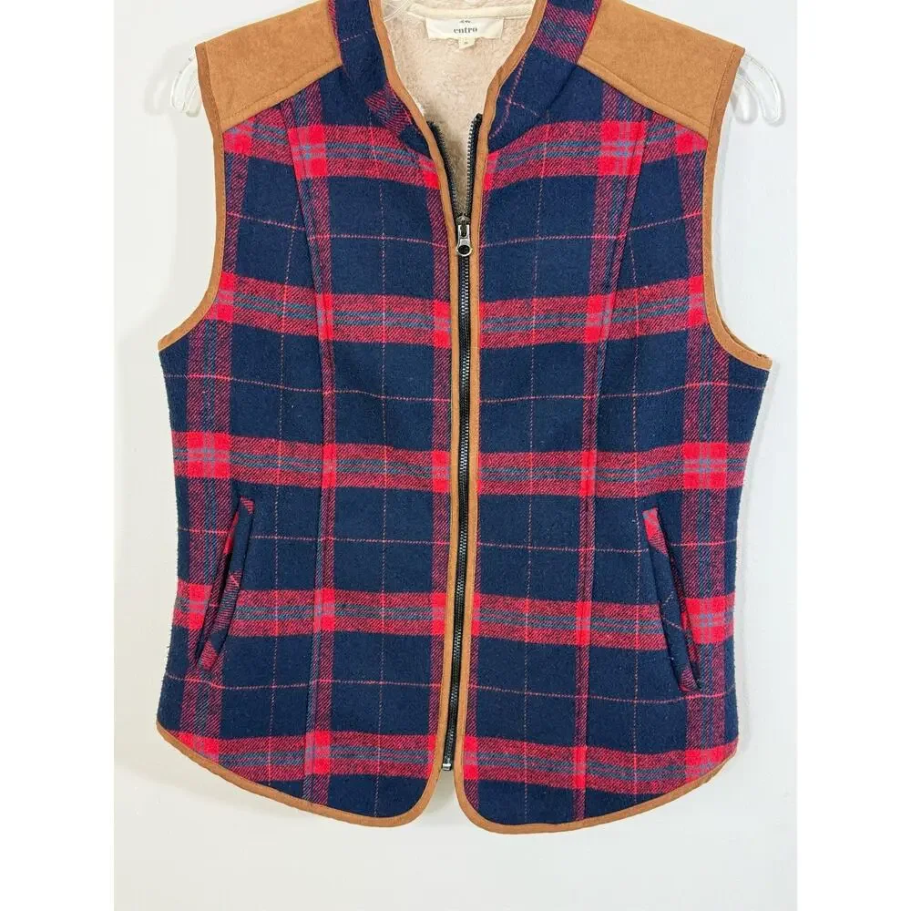 Entro Plaid Sherpa Lined Vest Small Full Cabincore Preppy